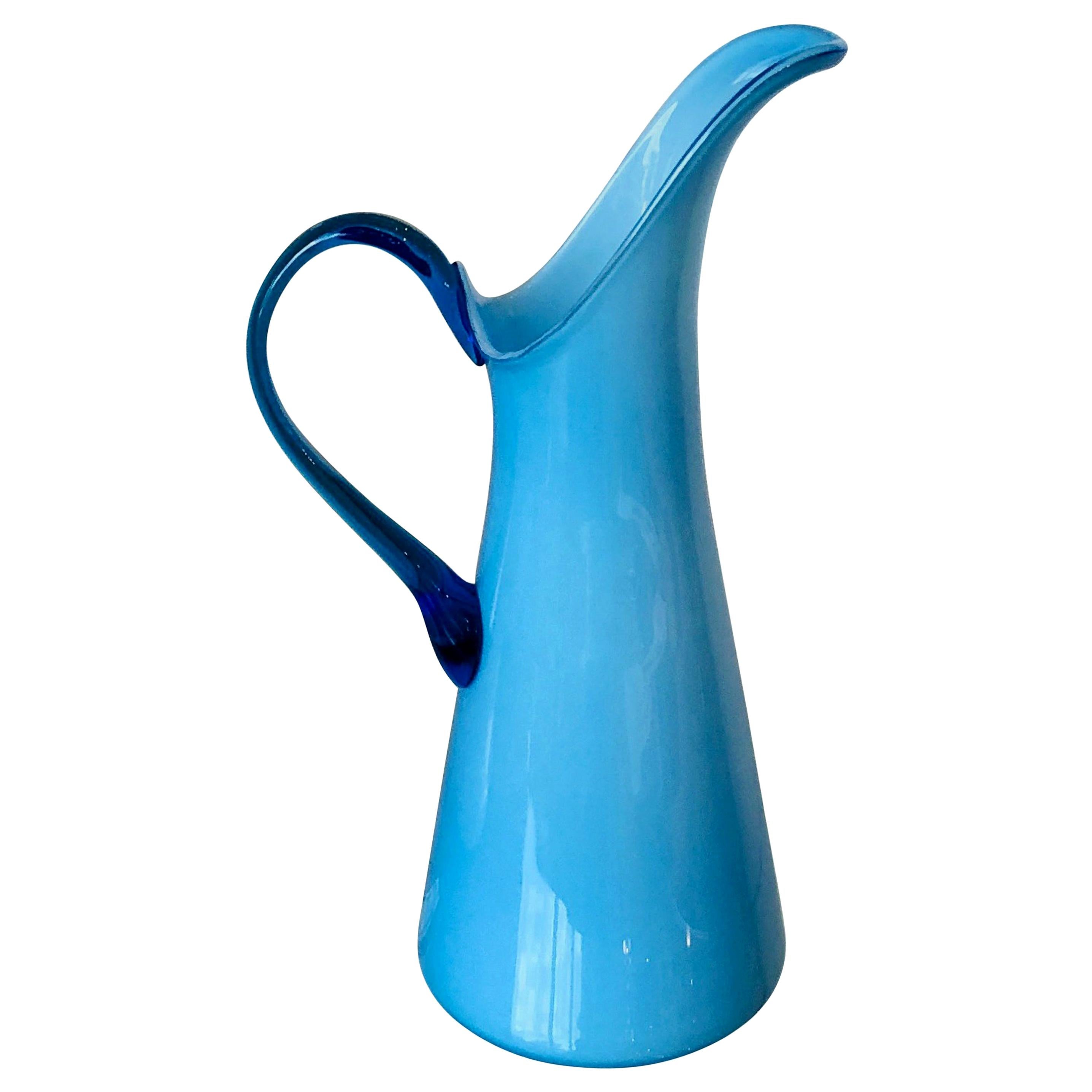 Azure Blue Over White Cased Venetian Glass Pitcher with Darker Blue Handle For Sale