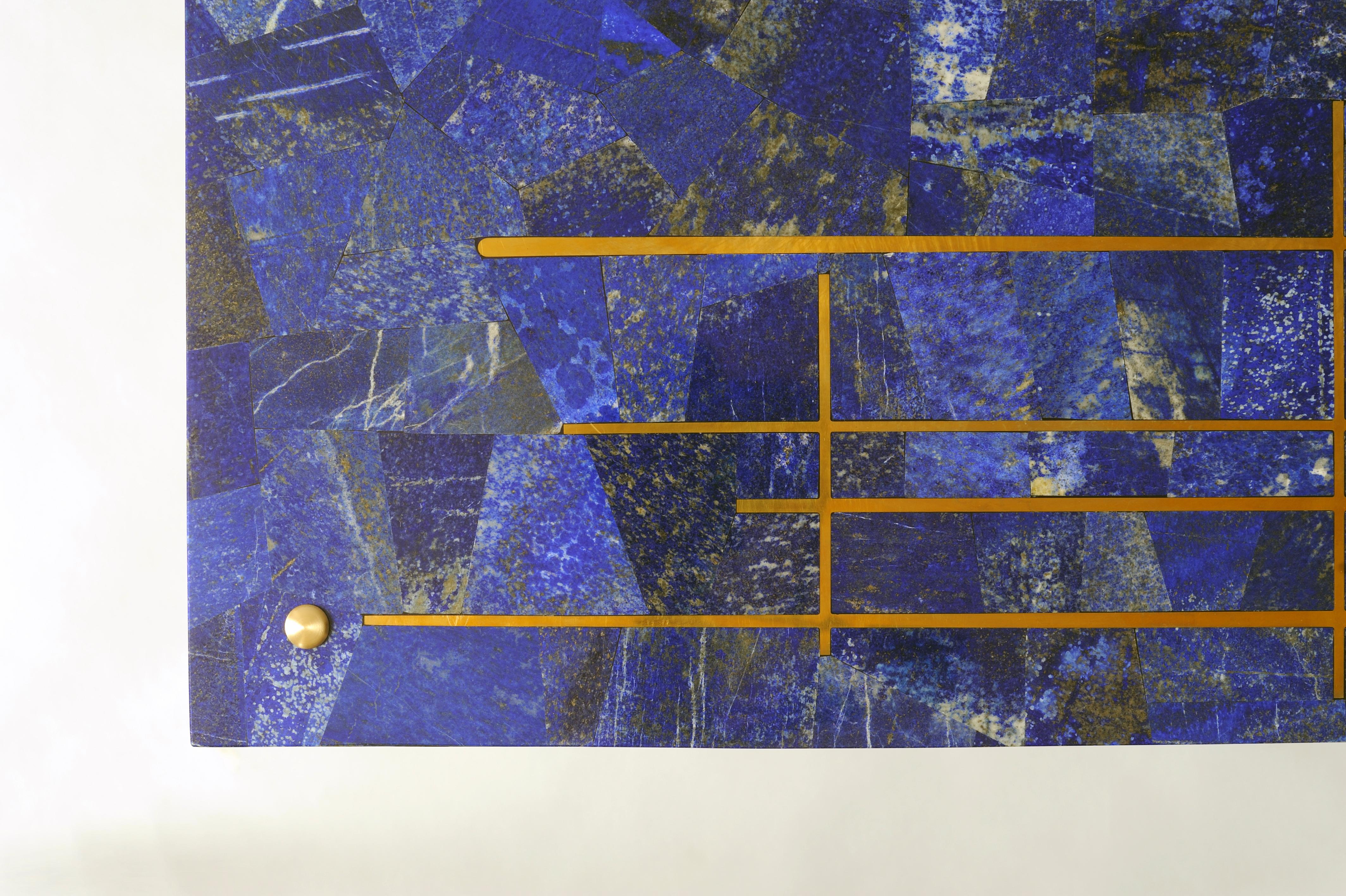 Contemporary Azure Coffee or Cocktail Table by DeMuro Das in Lapis Lazuli and Brass Inlay
