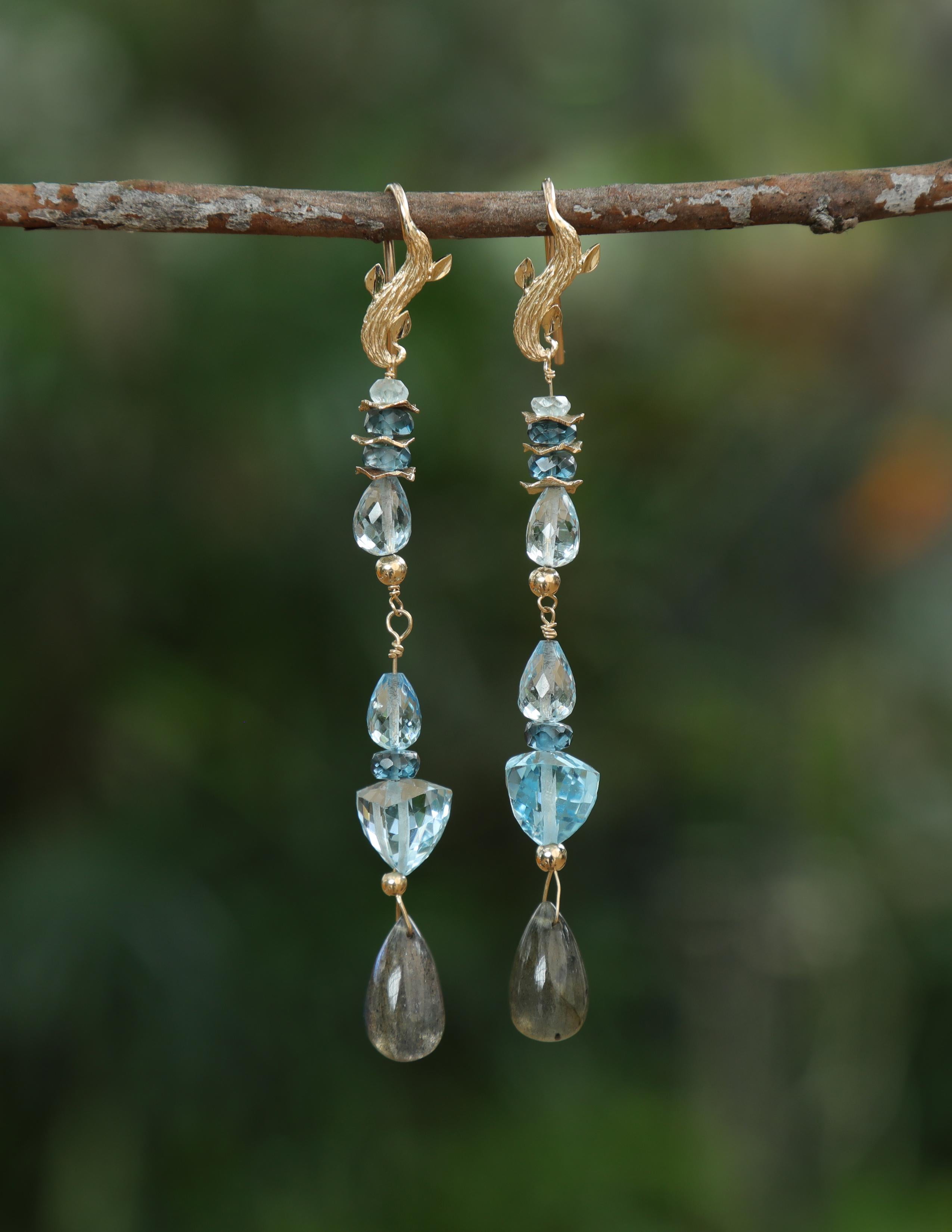 Contemporary Sky and London Blue Topaz, Labradorite, and Gold Dangle Earrings   For Sale