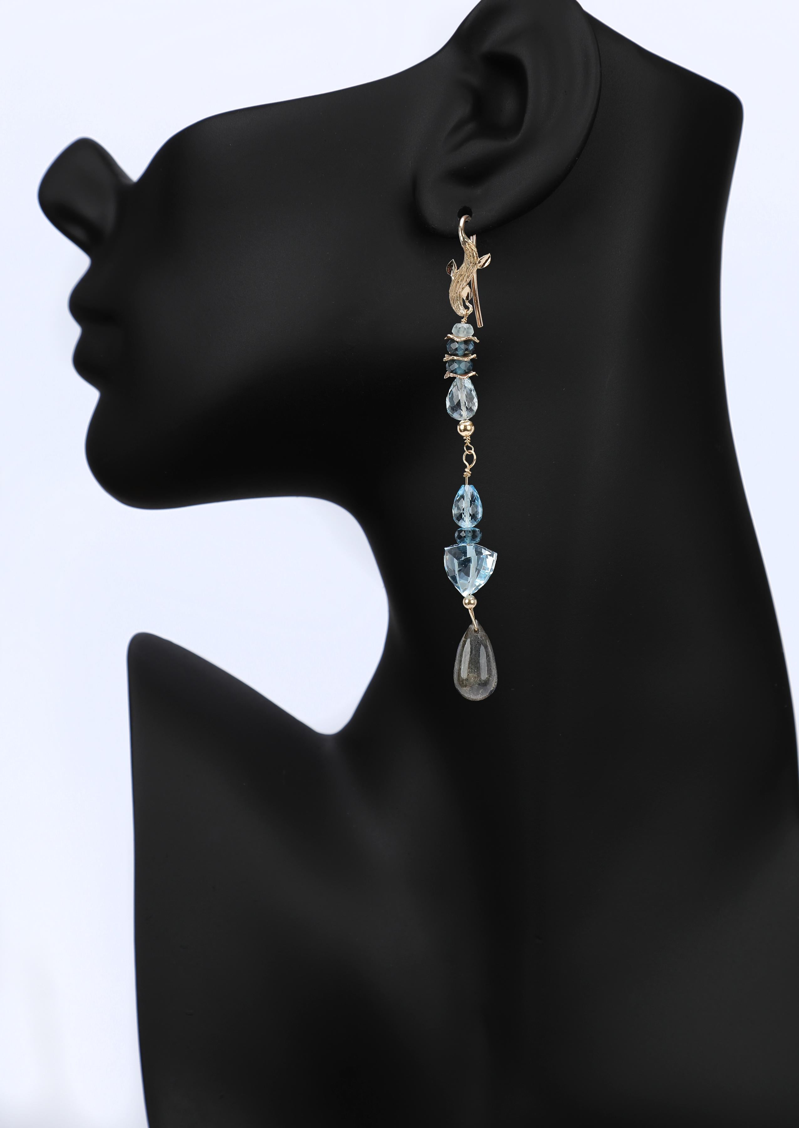 Bead Sky and London Blue Topaz, Labradorite, and Gold Dangle Earrings   For Sale