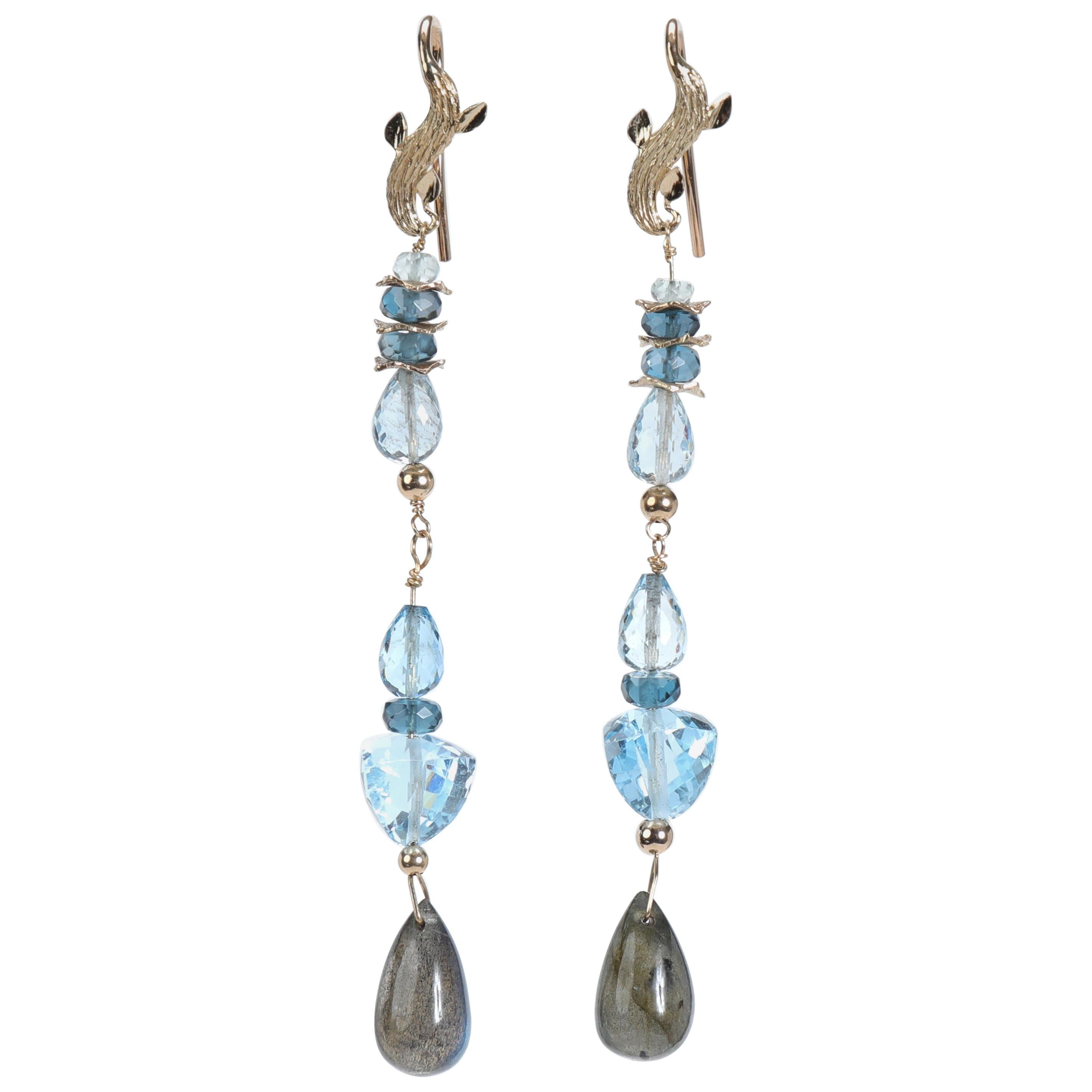 Sky and London Blue Topaz, Labradorite, and Gold Dangle Earrings   For Sale