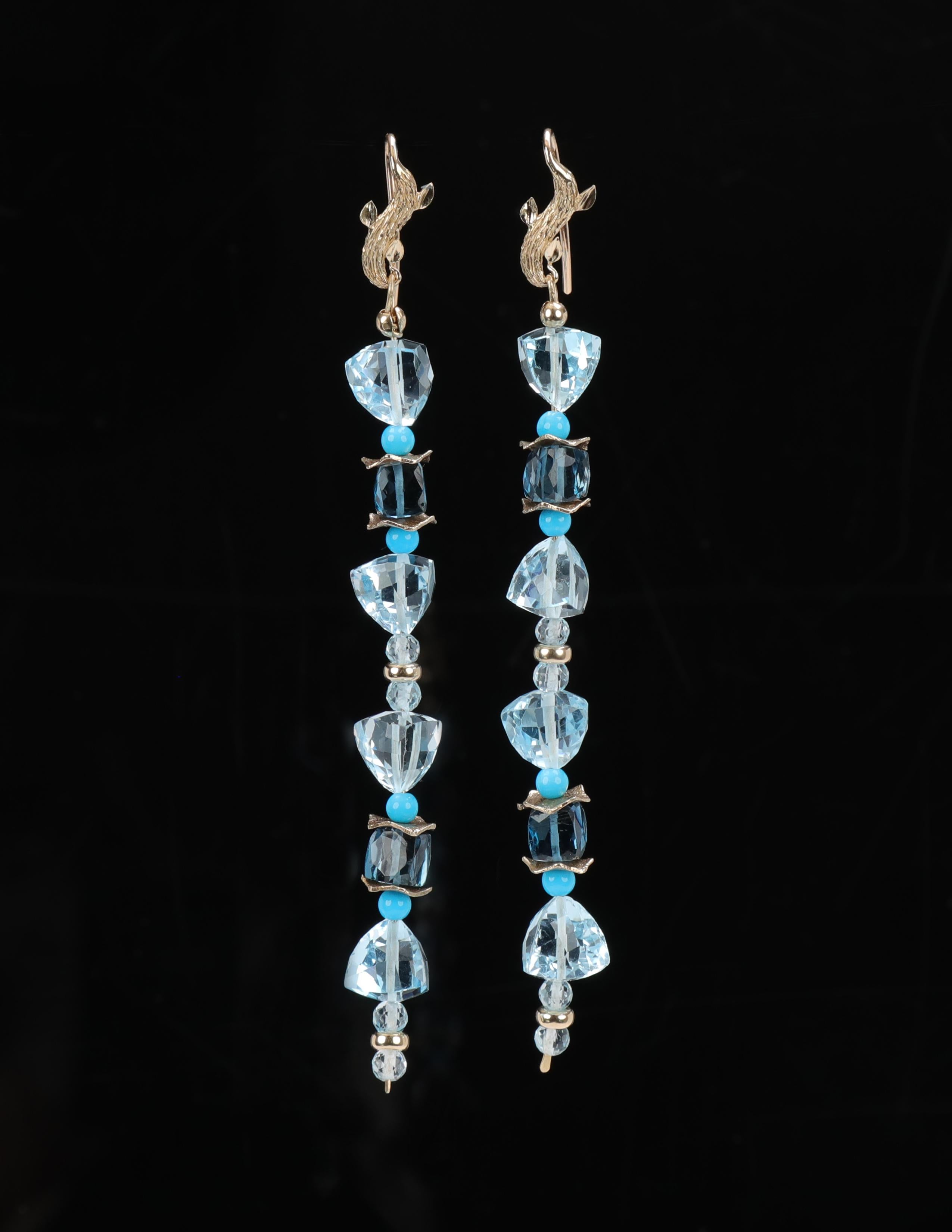 Sky and London blue topaz, turquoise, and gold form an amazing column of gems dangling from our custom ear wire. The sky and London blue topazes sparkle against color saturated, Sleeping Beauty turquoise to create 