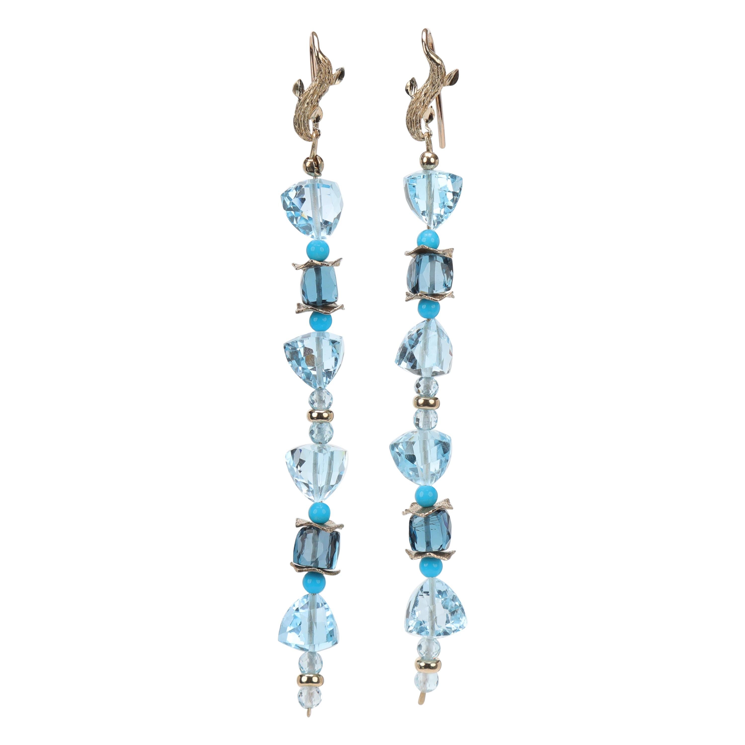 Dangle Earrings: Blue Topaz, Turquoise, and Gold 