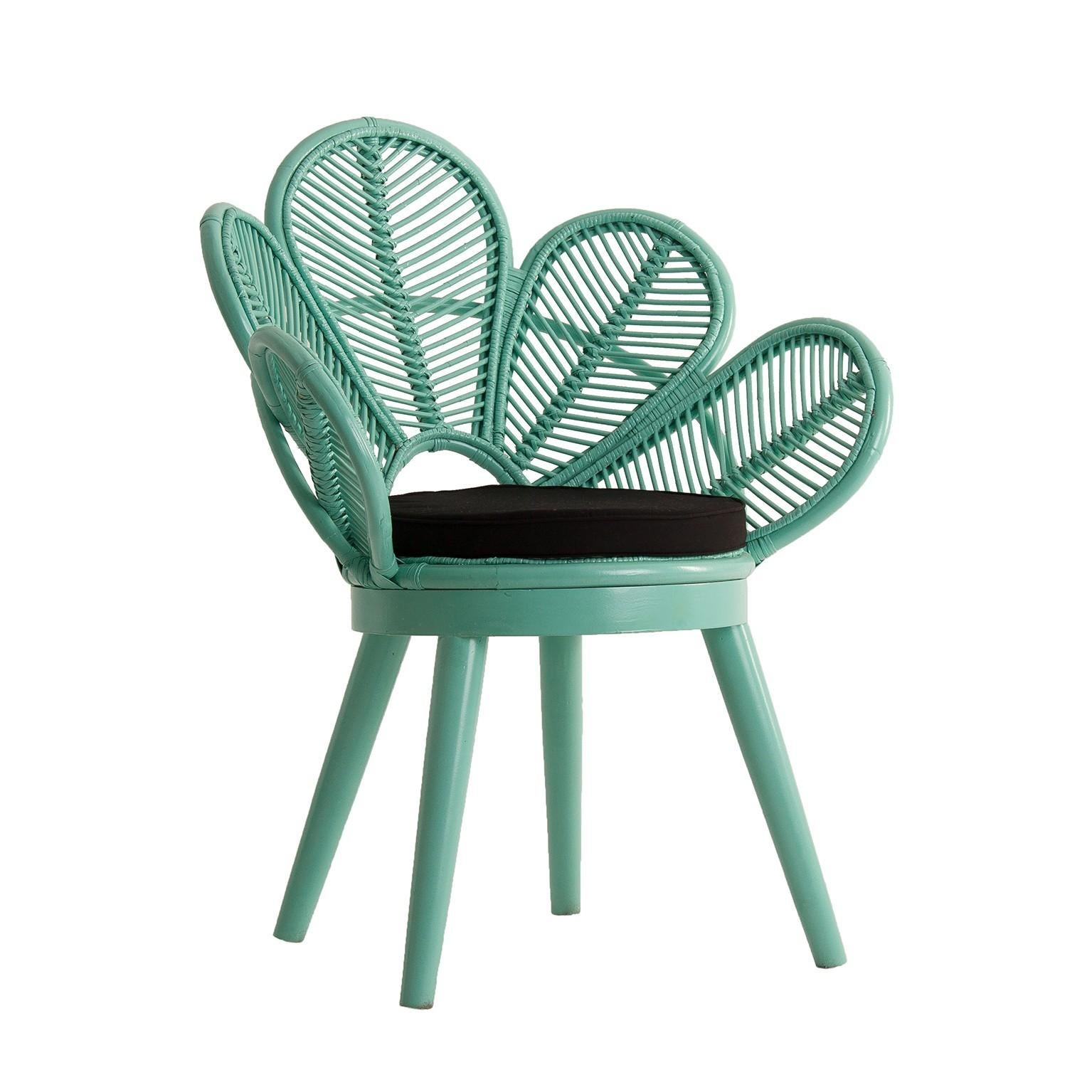 Mid-Century Modern Azure Lacquered Flower Wooden and Rattan Armchair
