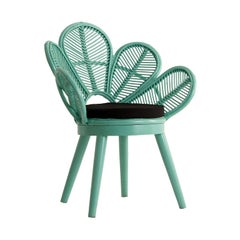 Azure Lacquered Flower Wooden and Rattan Armchair