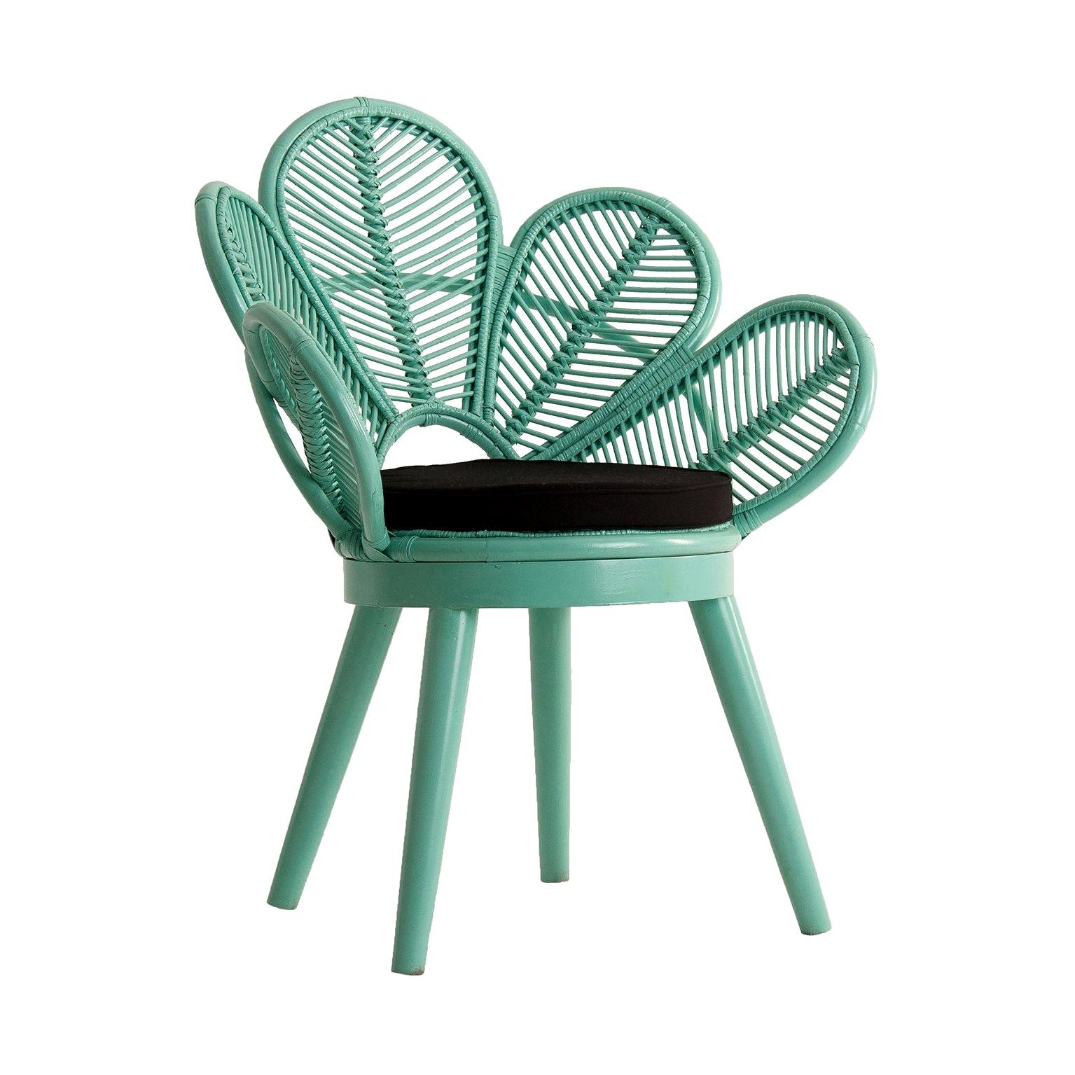 Azure Lacquered Flower Wooden and Rattan Armchair