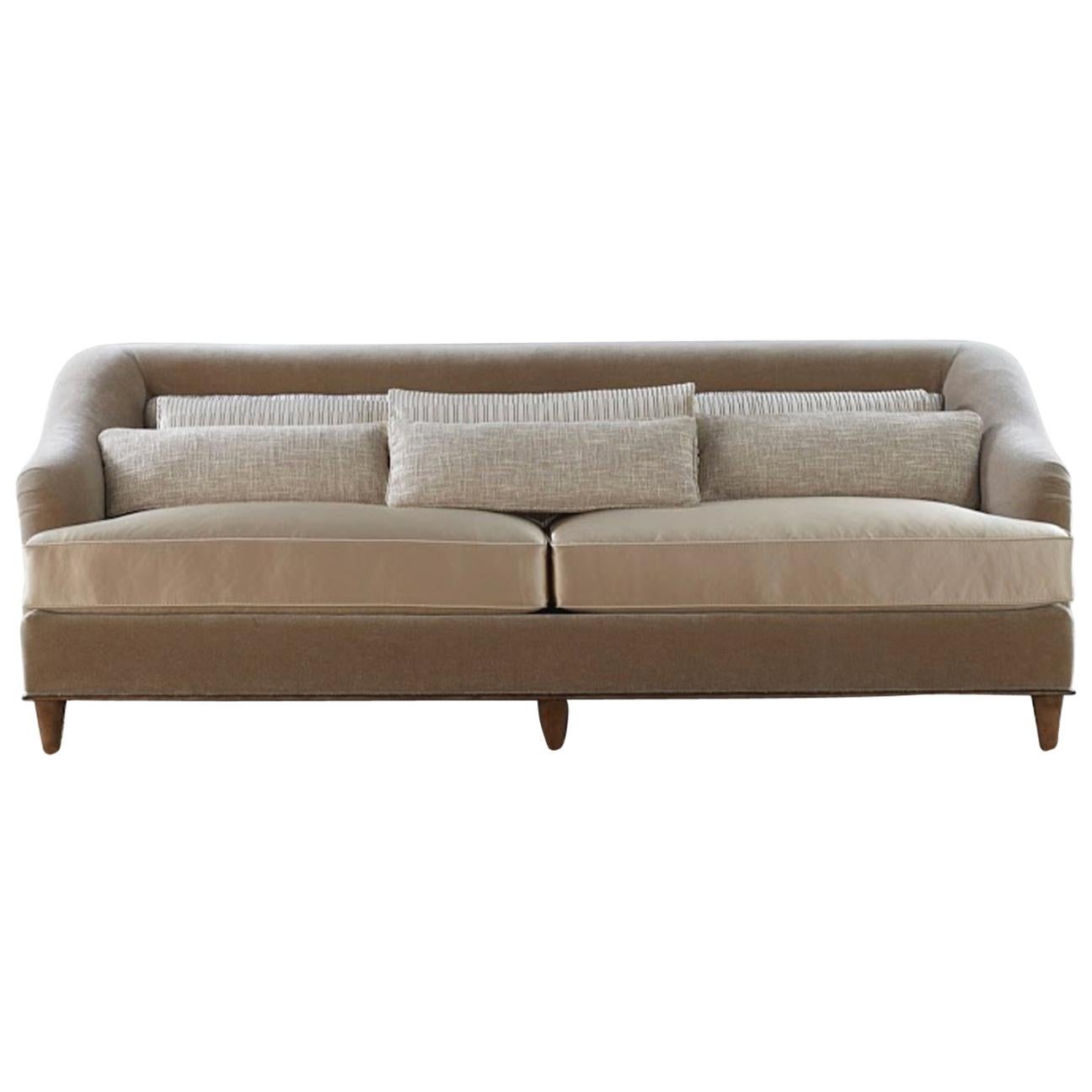 Azure maple eight way hand tied taupe mohair velvet sateen silk sofa or settee For Sale