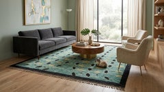 Pioggia azzurra Tappeto di lana moderno astratto in stile marocchino oro e verde acqua 10x14