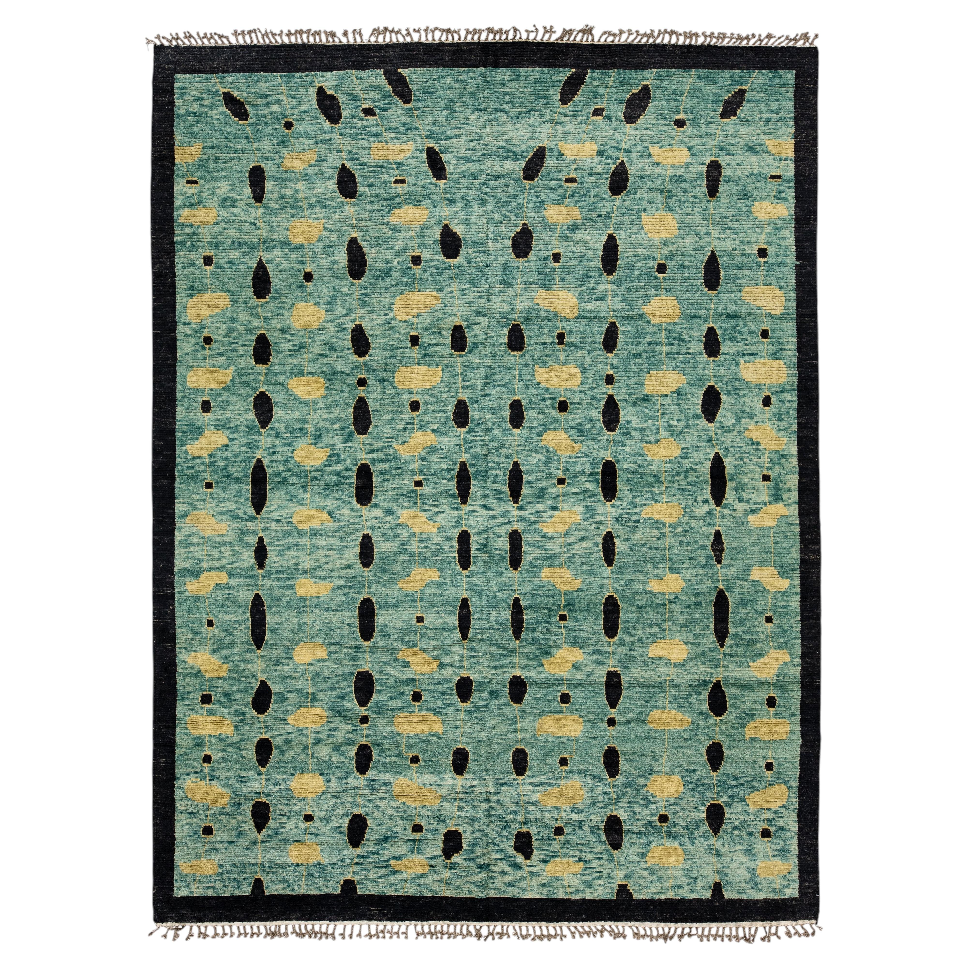 Azure Rain  Modern Abstract Teal & Gold Moroccan Style Wool Rug 10x14