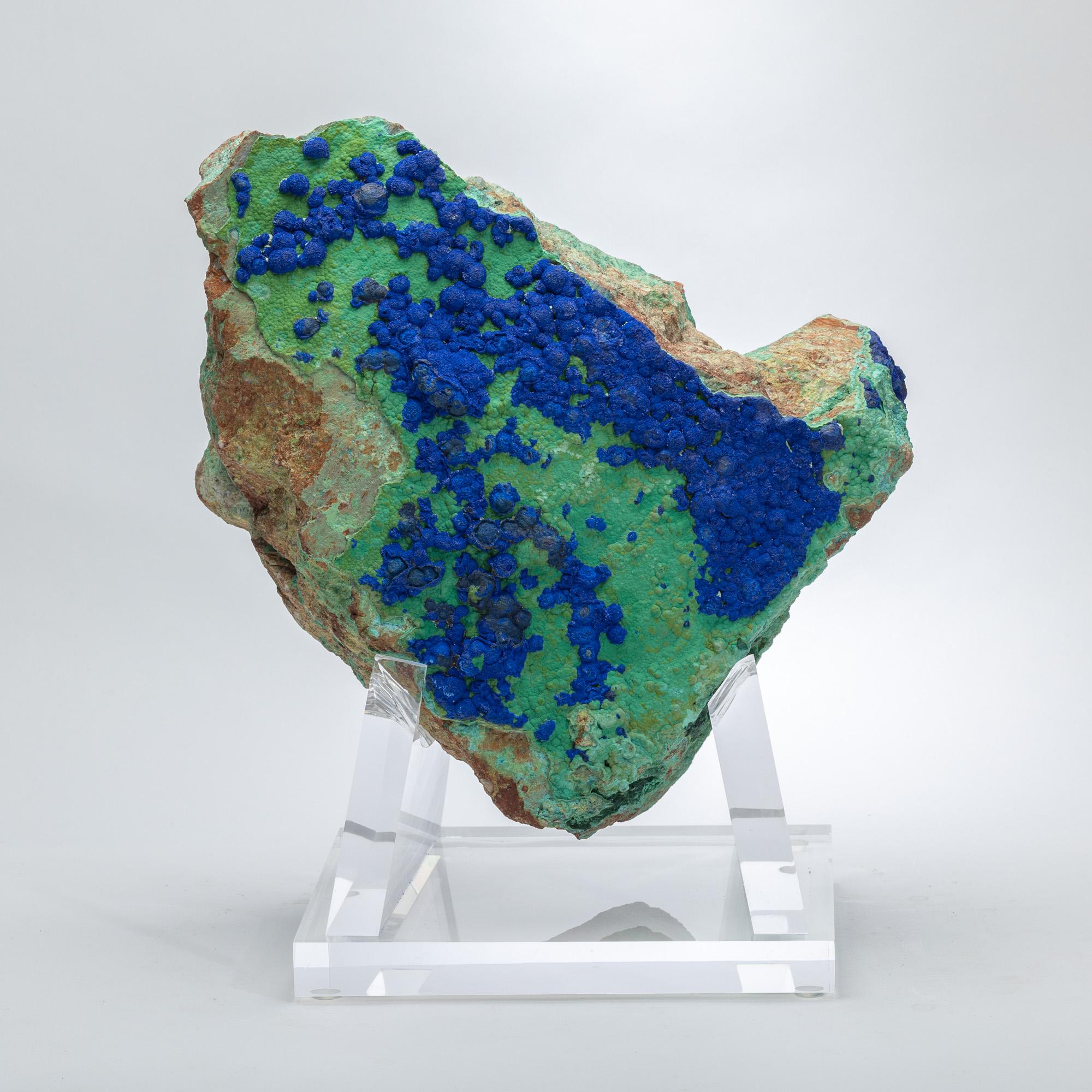 Malachite and Azurite Specimen on Custom Acrylic Base
Arizona, USA

This striking mineral specimen features a dynamic interplay of malachite and azurite, two copper-based minerals celebrated for their vivid, contrasting hues and rich geological