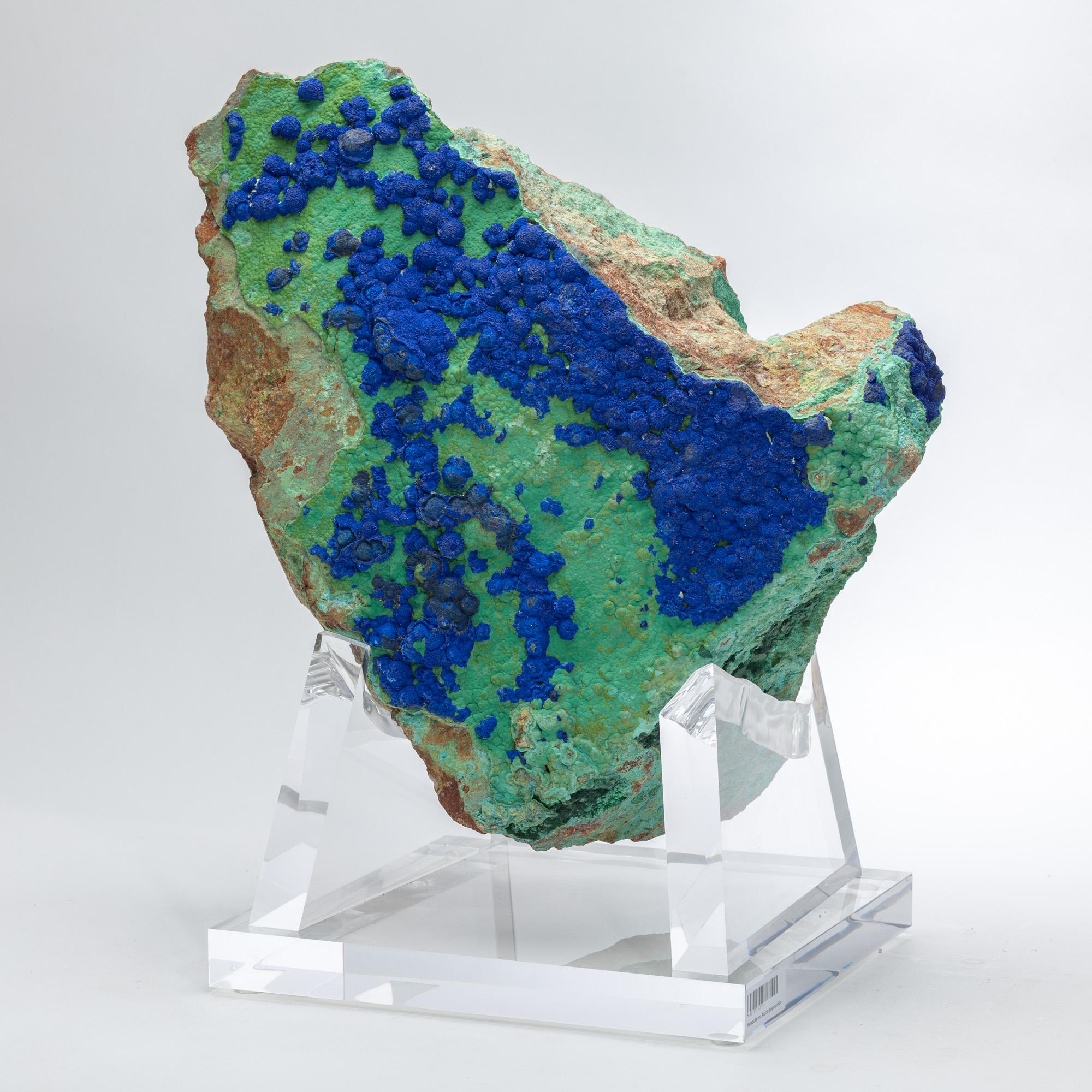 Organic Modern Azurite and Malachite Specimen from Arizona Mounted on Custom Acrylic Stand For Sale