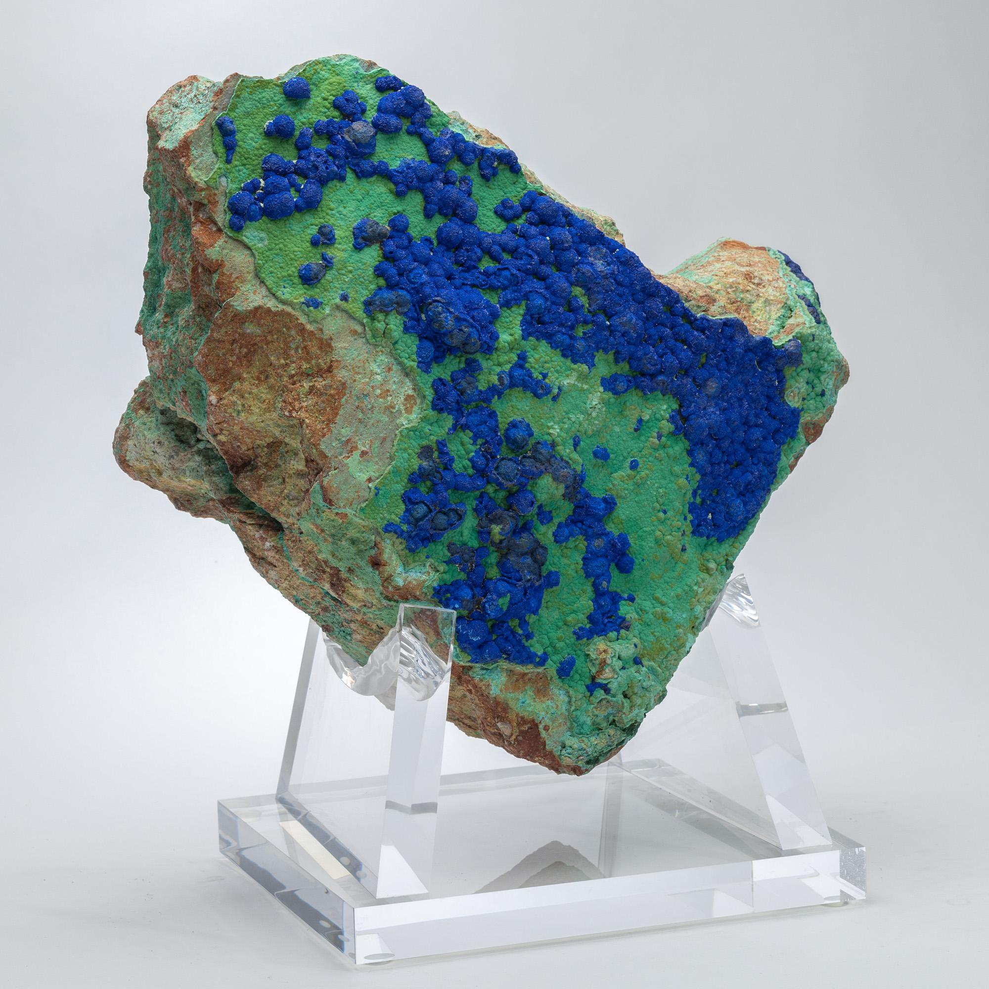 American Azurite and Malachite Specimen from Arizona Mounted on Custom Acrylic Stand For Sale