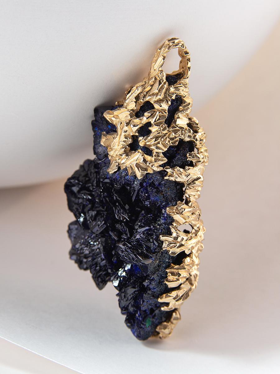 Artisan Large Azurite Crystal Cluster Gold Pendant Deep Blue style For Sale