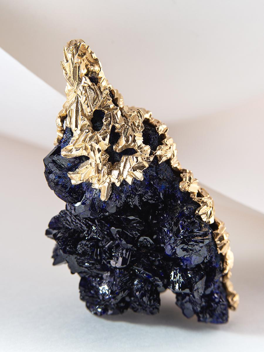 Uncut Azurite Crystal Gold Pendant Nugget Deep Blue Nature Devotion Style For Sale