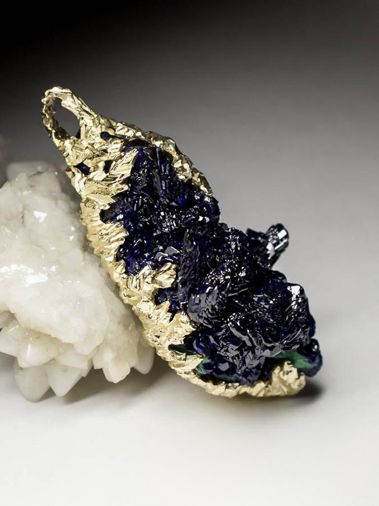 Azurite Crystal Gold Pendant Nugget Deep Blue Nature Devotion Style For Sale 2
