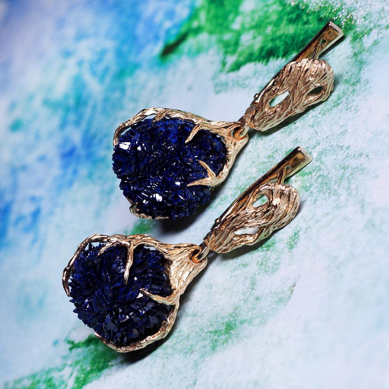 Art Nouveau Azurite Crystals Earrings Gold Pendant Deep Blue Gemstone Dangle For Sale