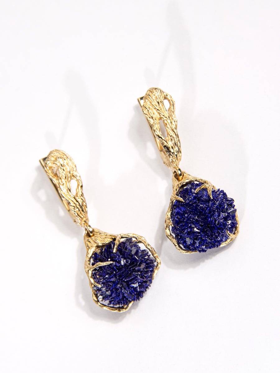 14K gold earrings with natural Azurite crystals called 