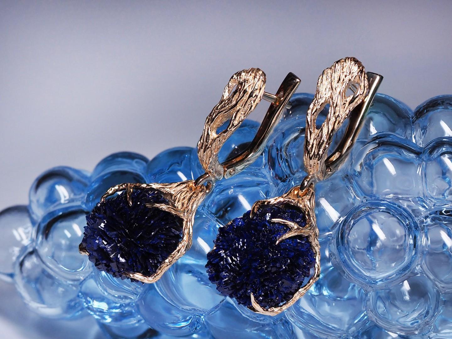 Uncut Azurite Crystals Earrings Gold Pendant Deep Blue Gemstone Dangle For Sale