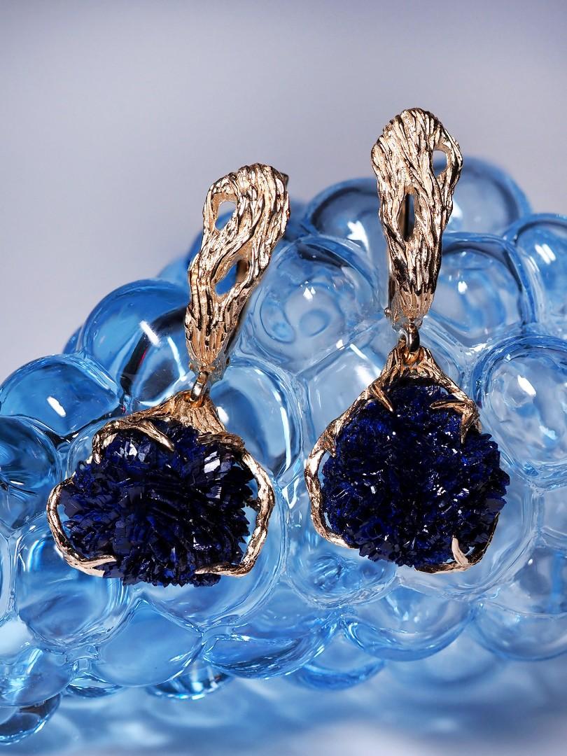 Women's or Men's Azurite Crystals Earrings Gold Pendant Deep Blue Gemstone Dangle For Sale