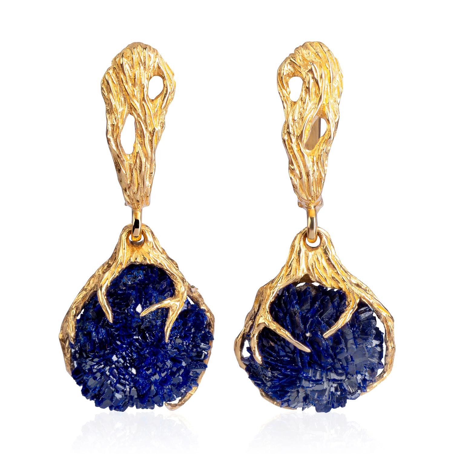 Azurite Crystals Earrings Gold Pendant Deep Blue Gemstone Dangle For Sale 7