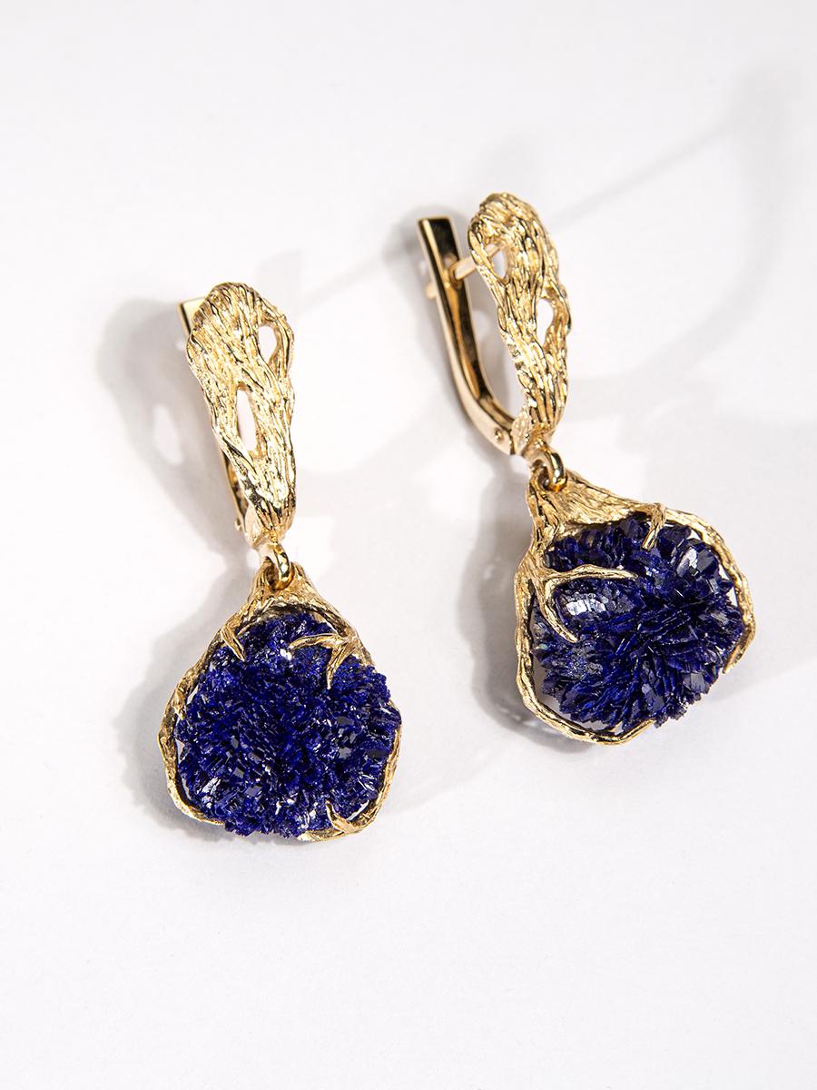 Azurite Crystals Earrings Gold Pendant Deep Blue Gemstone Dangle For Sale 2