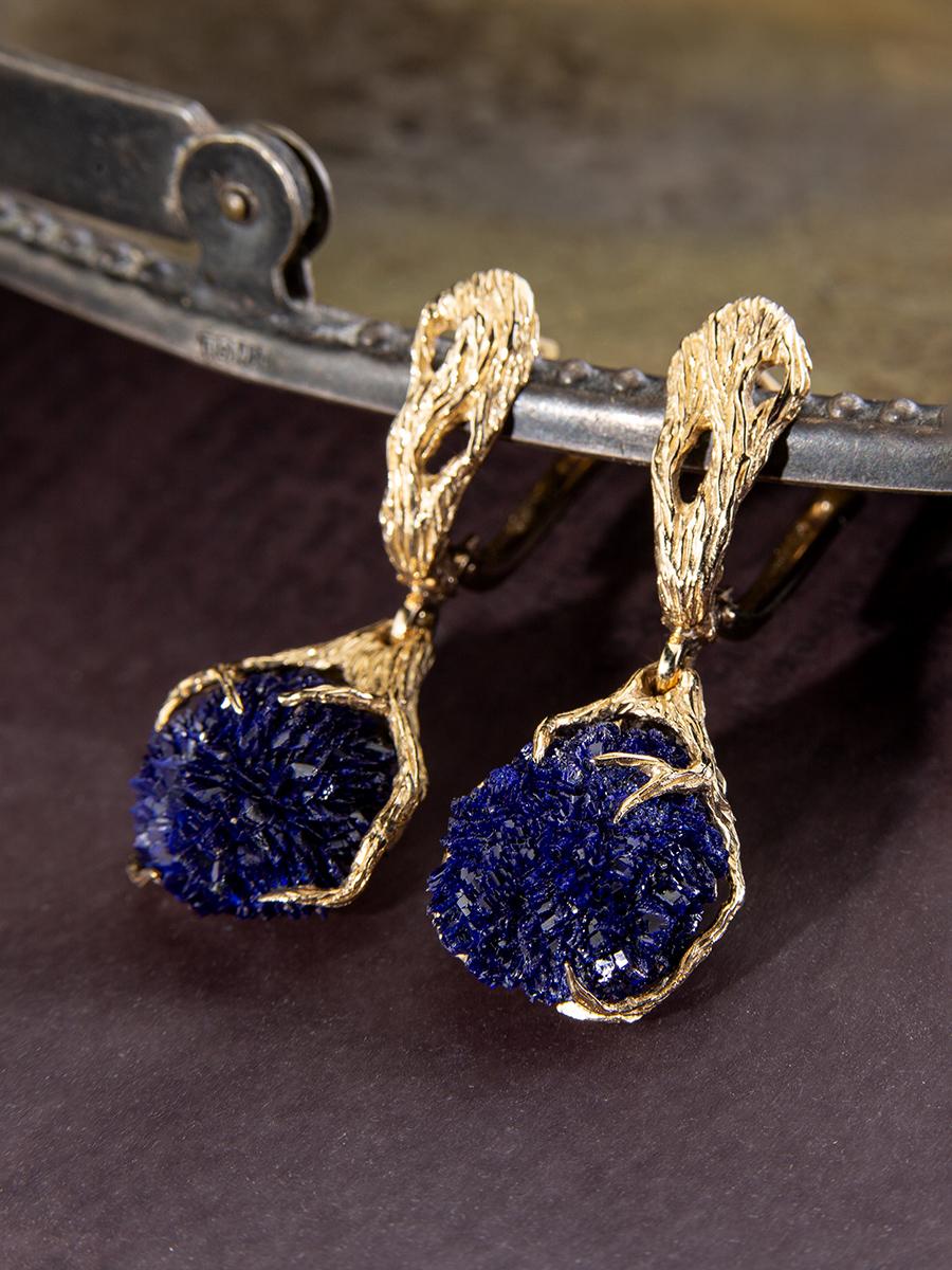 Art Nouveau Azurite Crystals Gold Earrings Pendant Deep Blue Gemstone For Sale