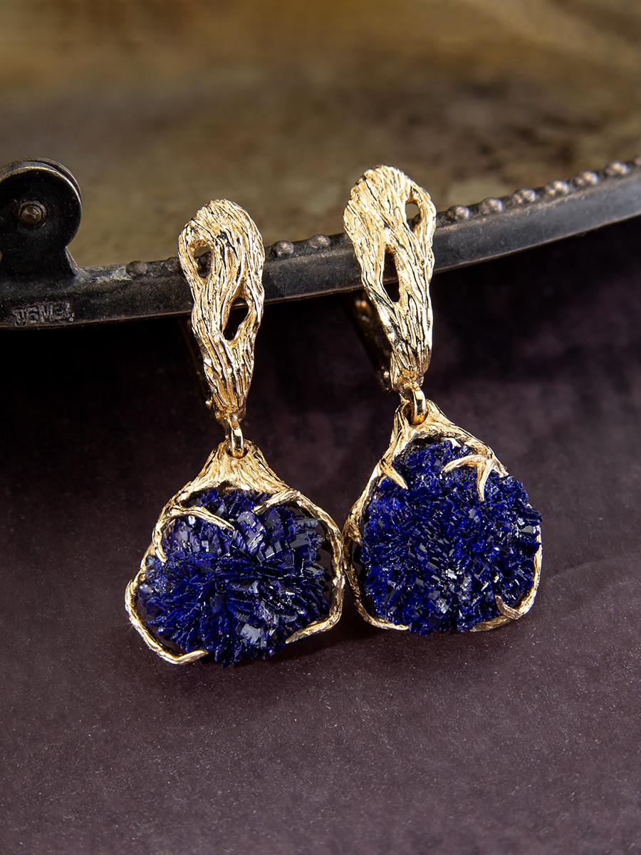 Uncut Azurite Crystals Gold Earrings Pendant Deep Blue Gemstone For Sale