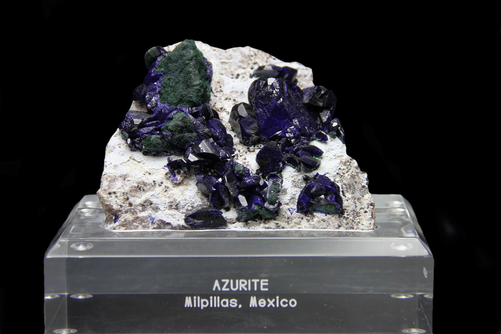From Milpillas Mine, Cuitaca, Sonora, Mexico

Lustrous transparent dark-royal blue Azurite crystals on contrasting matrix of white clay. Large pseudomorphic crystal of malachite after azurite, several alterations can be seen throughout the