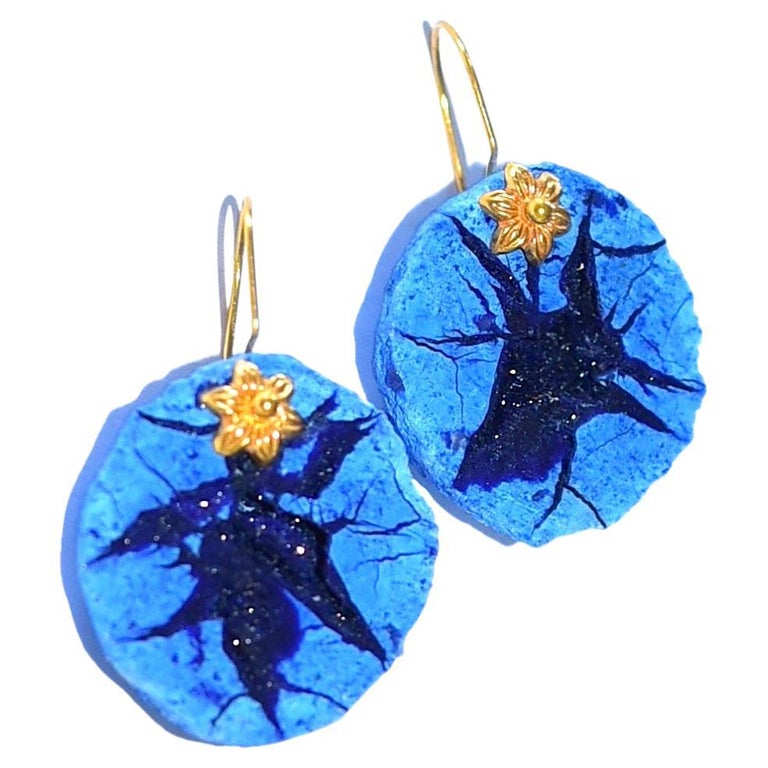 Azurite Geode Earrings in 18K Solid Yellow Gold For Sale at 1stDibs
