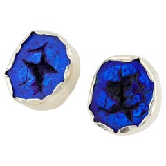 Azurite geode silver huggie earrings, Navy blue gemstone earrings