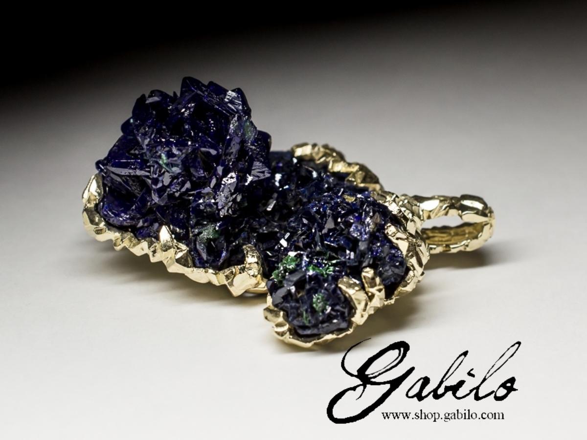 Azurite Gold Pendant Raw Uncut Crystals Healing Natural Stone Nugget Indigo Blue 5