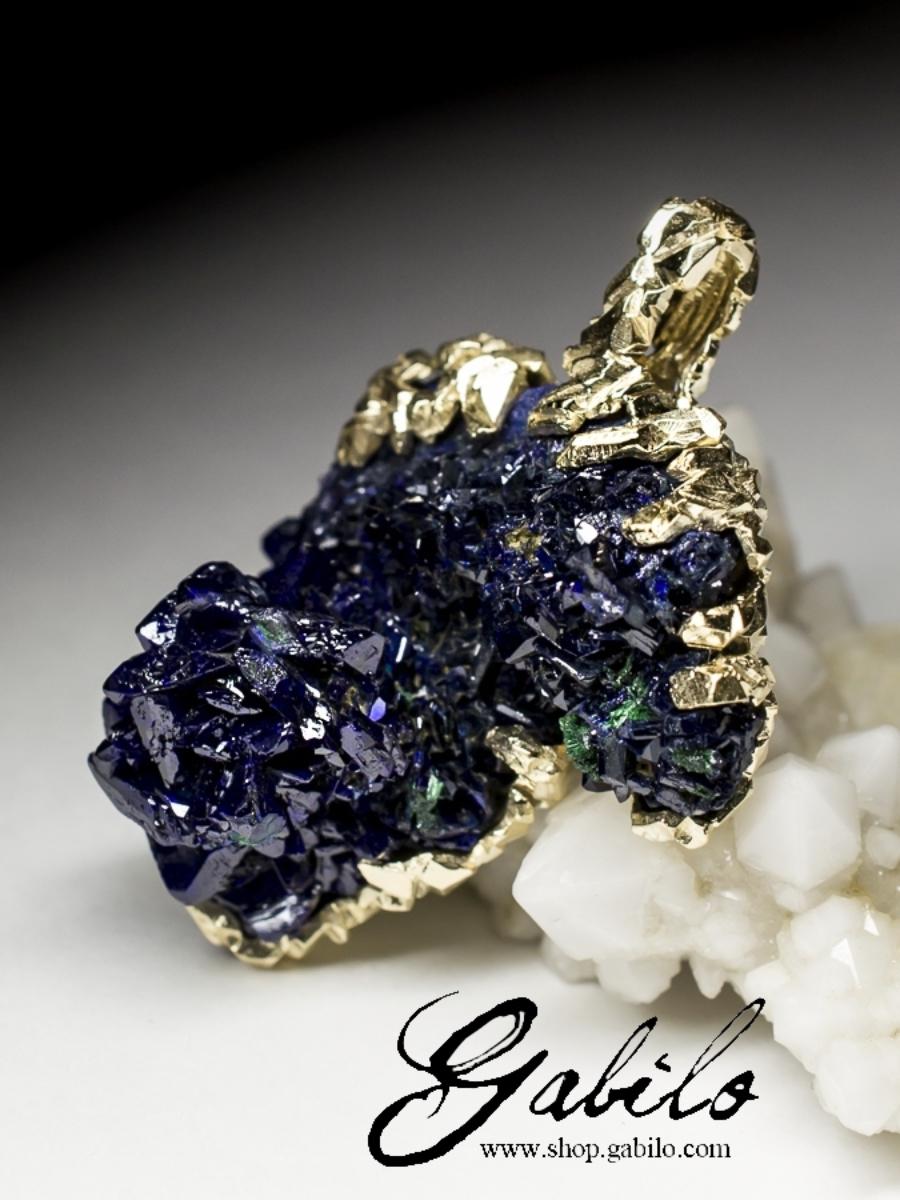 Azurite Gold Pendant Raw Uncut Crystals Healing Natural Stone Nugget Indigo Blue 8