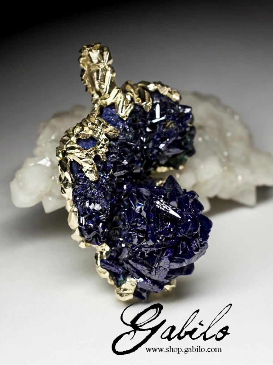 Azurite Gold Pendant Raw Uncut Crystals Healing Natural Stone Nugget Indigo Blue In New Condition In Berlin, DE