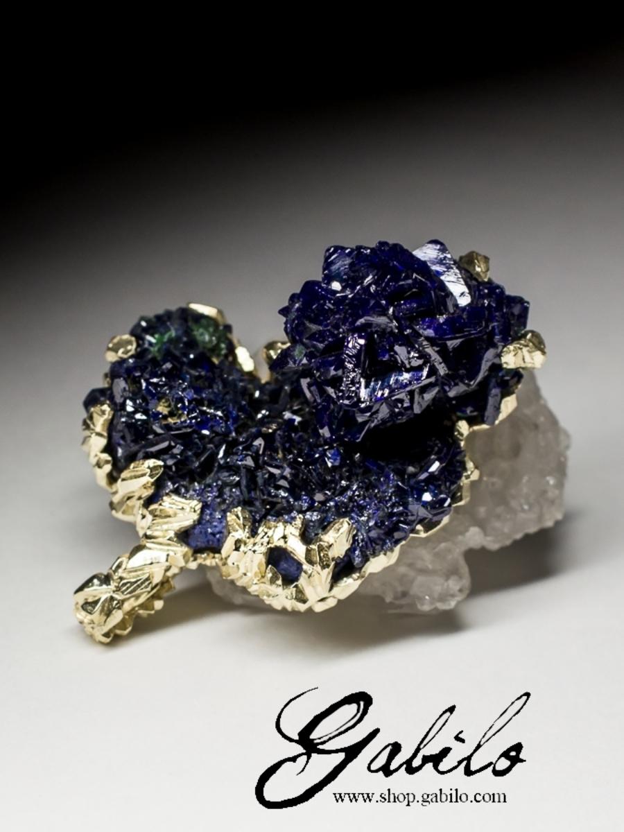 Women's or Men's Azurite Gold Pendant Raw Uncut Crystals Healing Natural Stone Nugget Indigo Blue