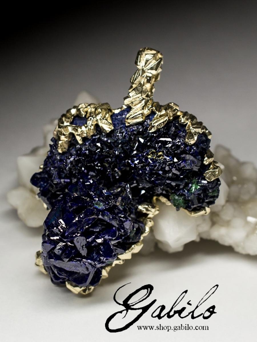 Azurite Gold Pendant Raw Uncut Crystals Healing Natural Stone Nugget Indigo Blue 1