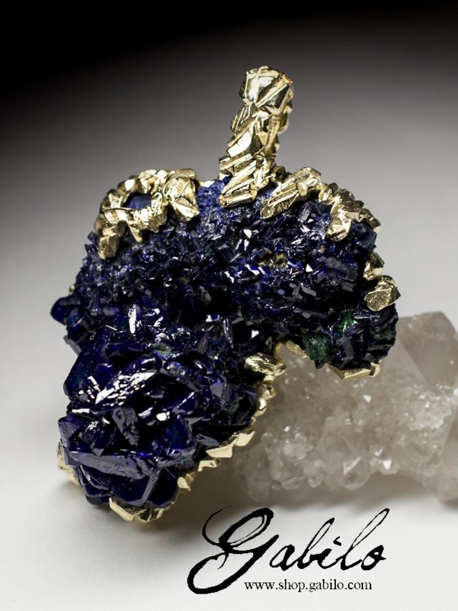 Azurite Gold Pendant Raw Uncut Crystals Healing Natural Stone Nugget Indigo Blue 2