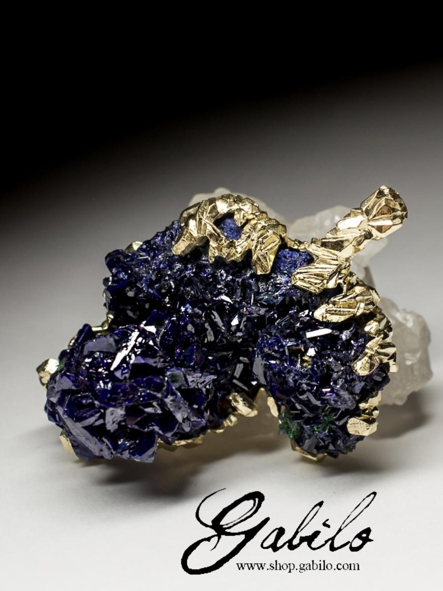 Azurite Gold Pendant Raw Uncut Crystals Healing Natural Stone Nugget Indigo Blue 3