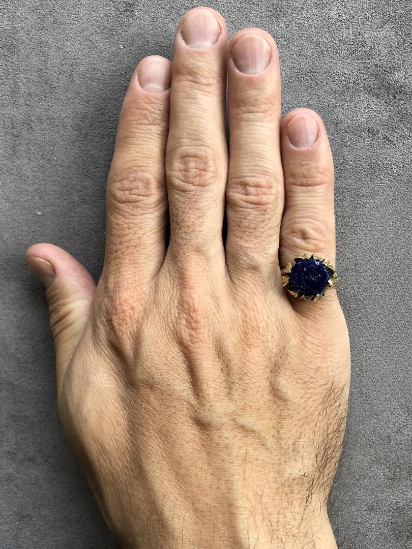 Azurite Gold Ring Natural Deep Blue Raw Crystal Flower petals For Sale 6