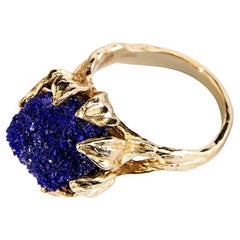 Azurite Gold Ring Natural Deep Blue Raw Crystal Flower petals