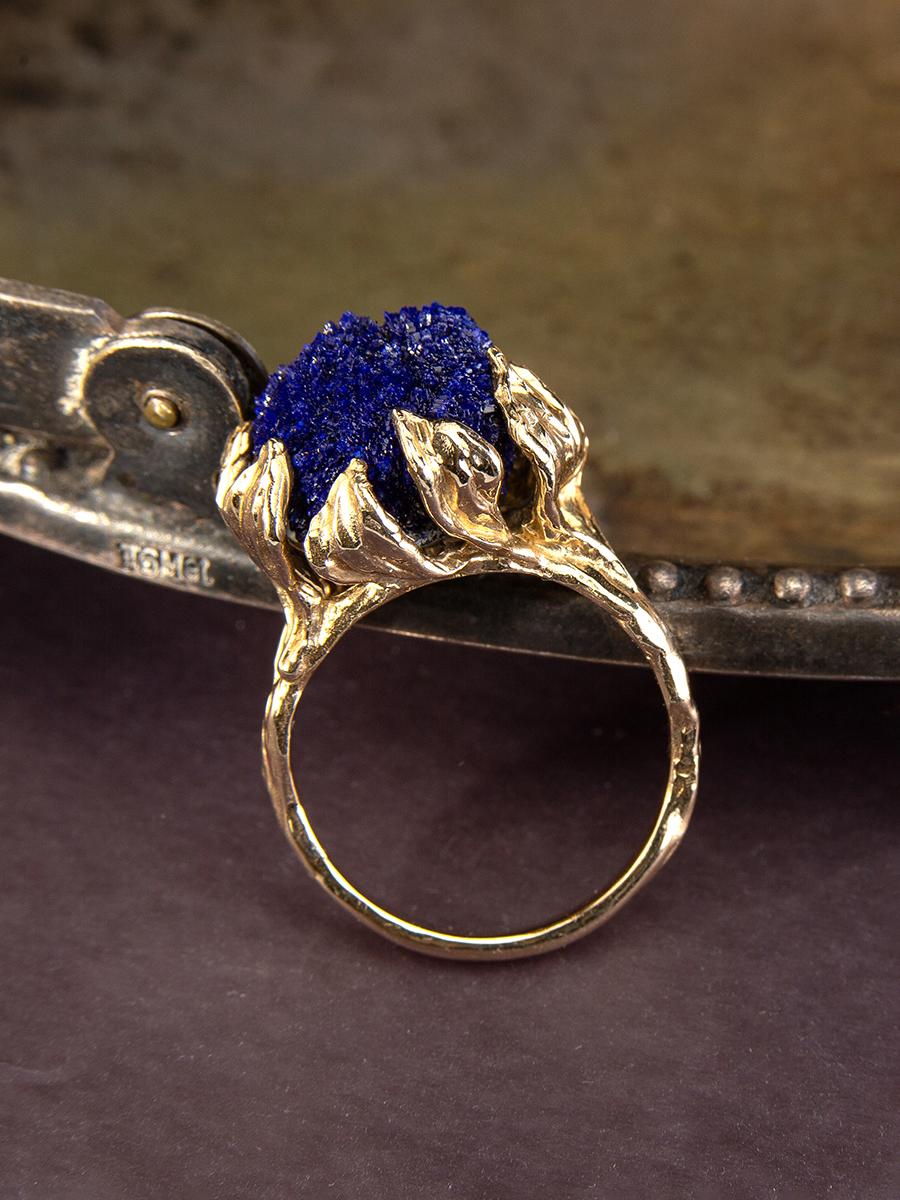 Azurite Gold Ring Natural Deep Blue Raw Crystal Flower petals For Sale 5