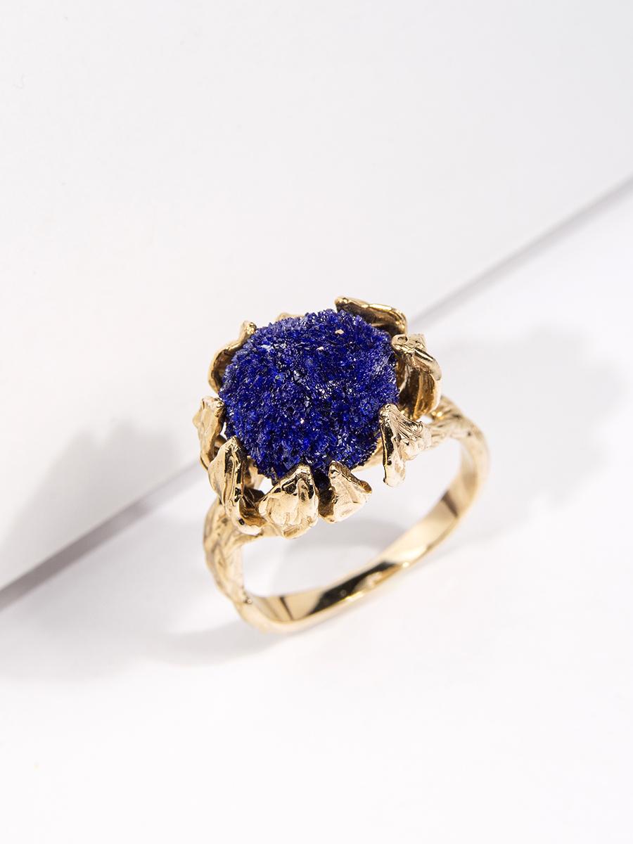 Azurite Gold Ring Natural Deep Blue Raw Crystal Flower petals For Sale 7