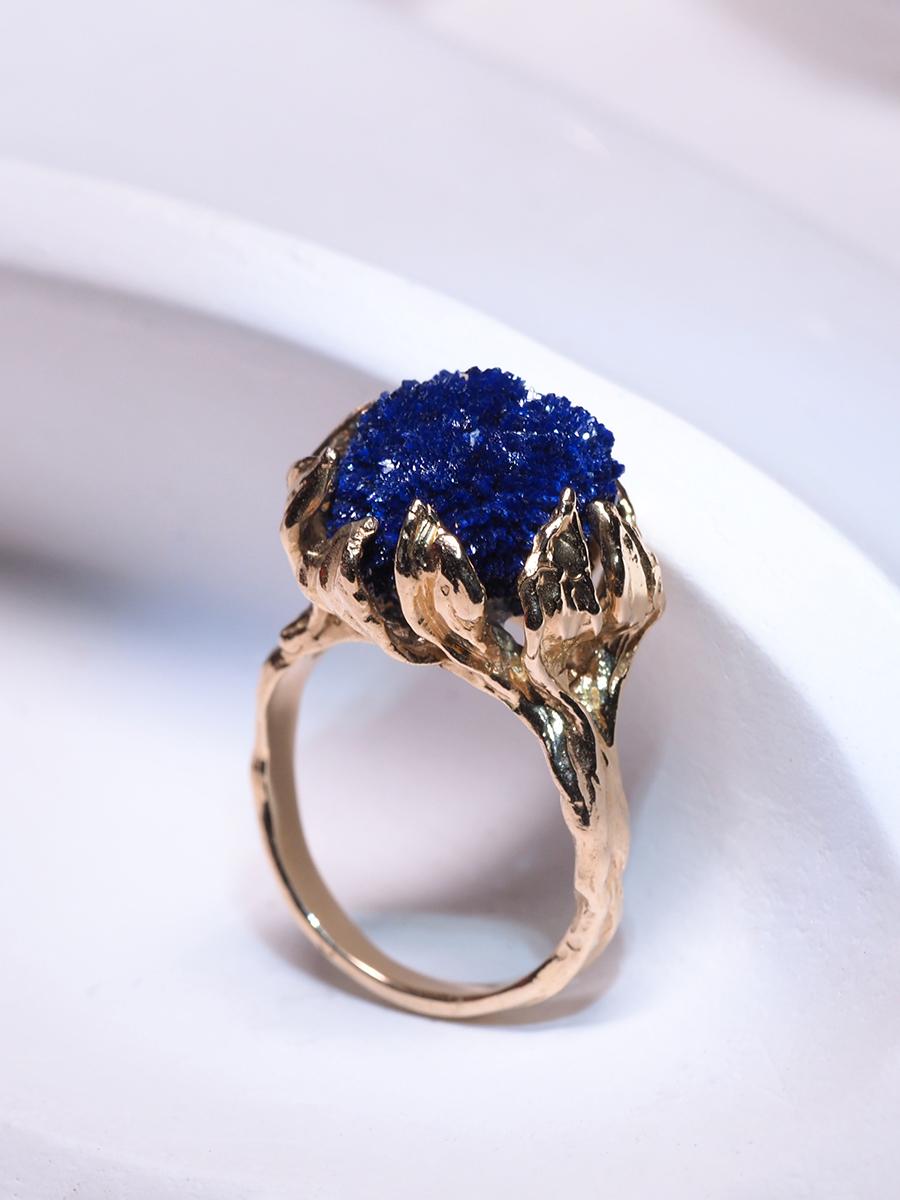Azurite Gold Ring Natural Deep Blue Raw Crystal Flower petals For Sale 8