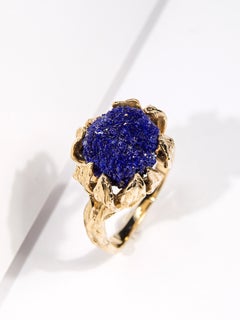 Azurite Gold Ring Natural Deep Blue Raw Crystal Flower petals