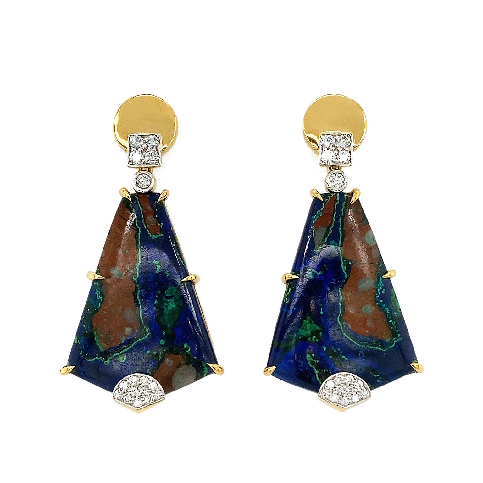 The beauty of merged gemstones, vivid blues of azurite and landscape hues of malachite, are the keynote of these earrings. 18k yellow gold rounds with four brilliant cut diamonds pavé set at the lower part, lead to a single diamond. Next gold prongs