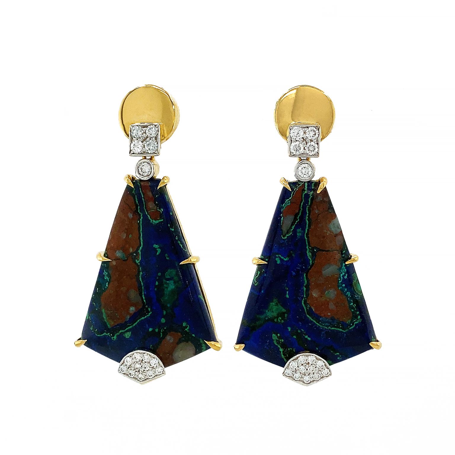 Round Cut Azurite Malachite Diamond Drop Earrings