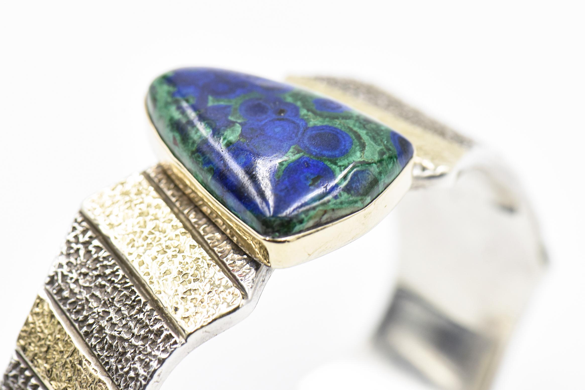 Azurite Malachite Gold and Silver Cuff Bracelet by Apache Marc Antia In Good Condition In Miami Beach, FL