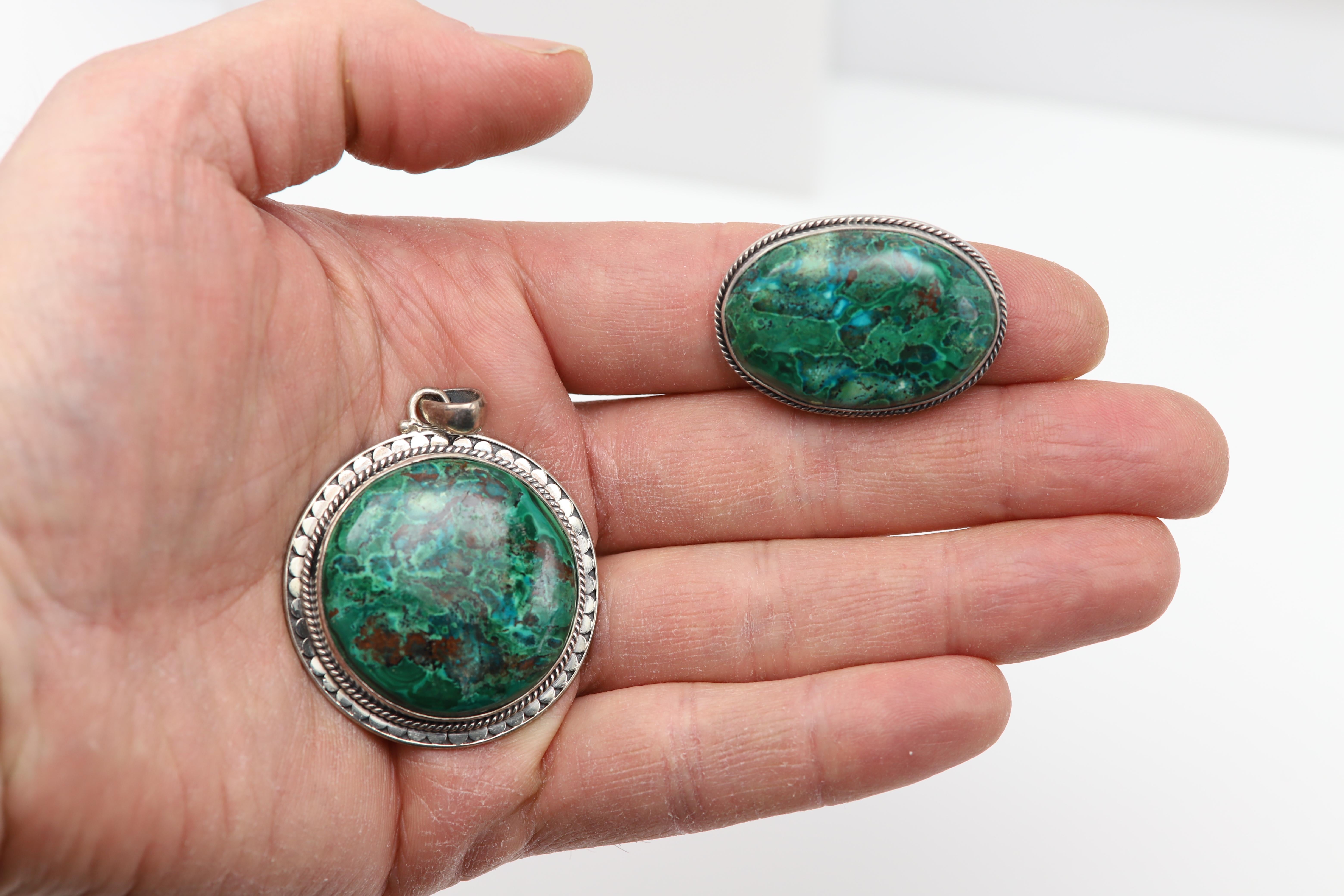 Azurite-Malachite Natural Stone Set Pendant and Ring Sterling Silver 925 For Sale 4