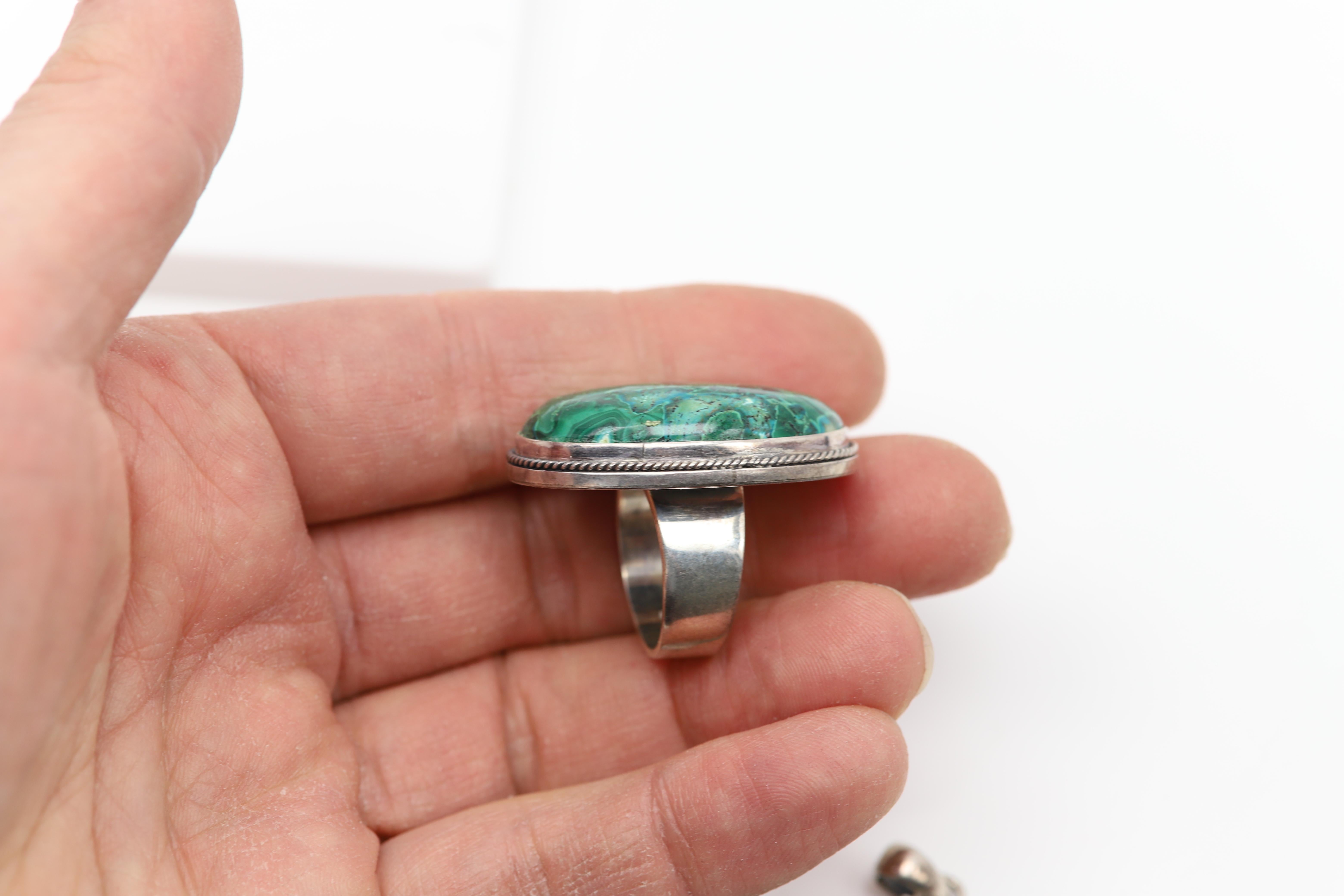 Azurite-Malachite Natural Stone Set Pendant and Ring Sterling Silver 925 For Sale 9