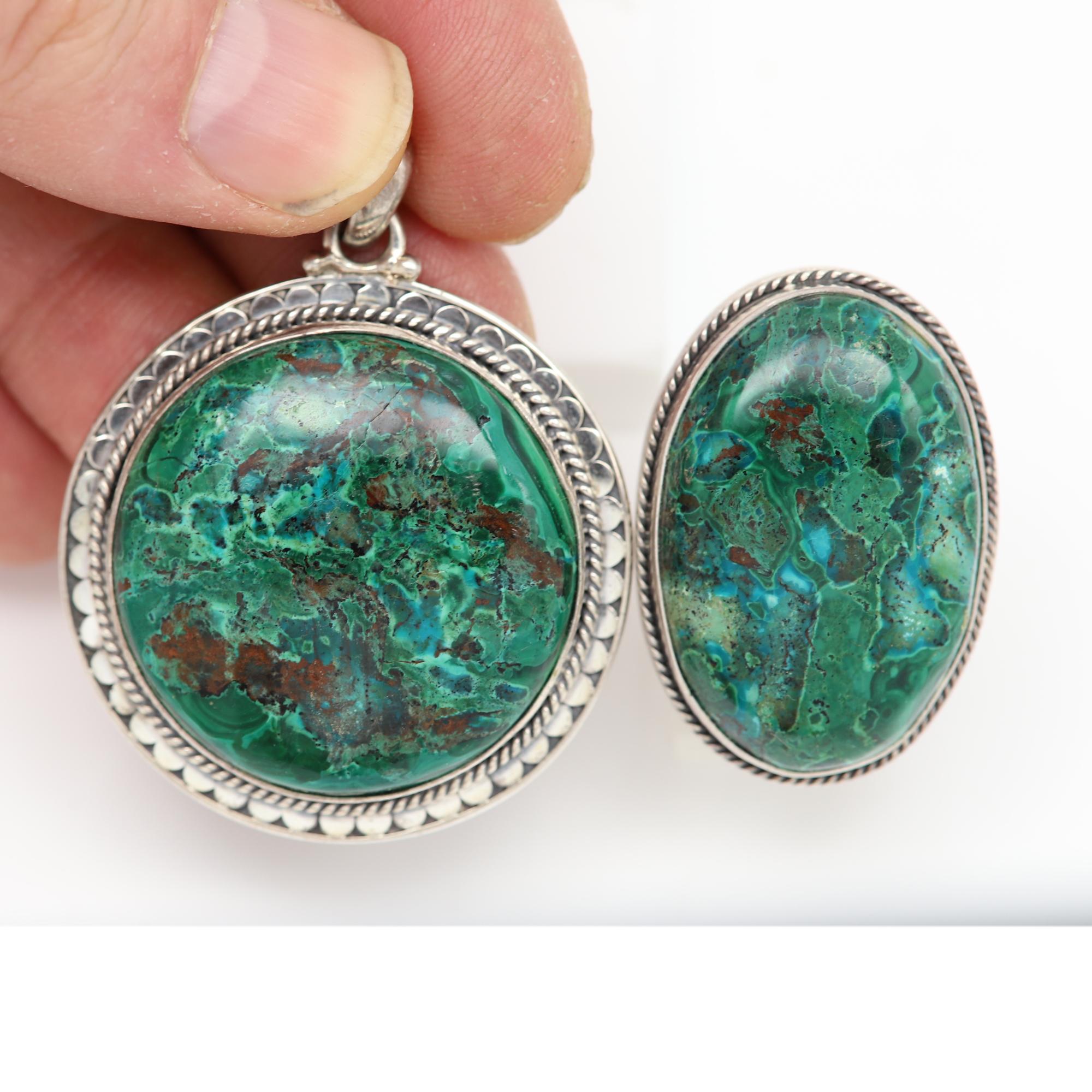 Azurite-Malachite Natural Stone Set Pendant and Ring Sterling Silver 925 For Sale 7