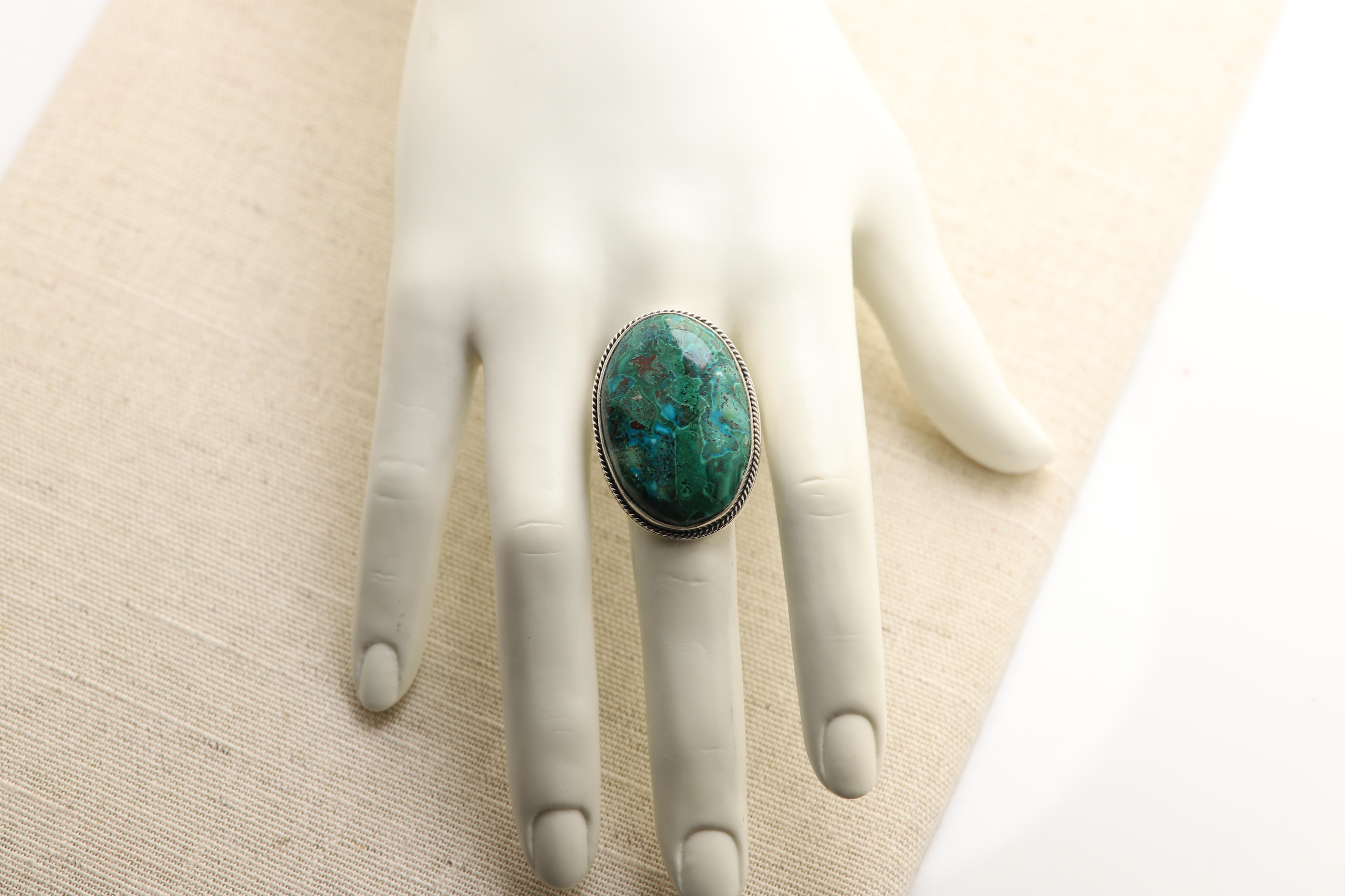 Round Cut Azurite-Malachite Natural Stone Set Pendant and Ring Sterling Silver 925 For Sale